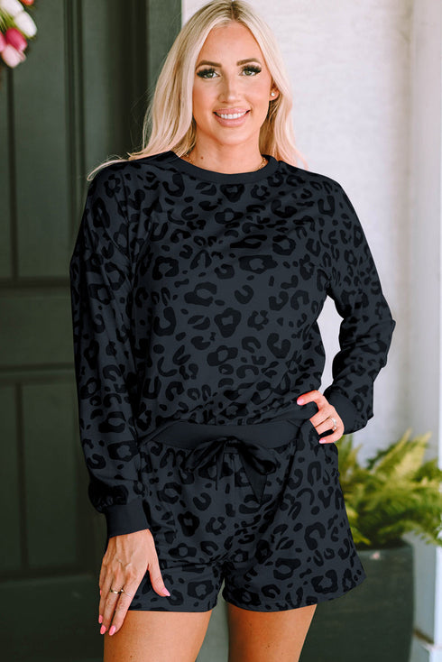 Leopard Long Sleeve Satin Tie Shorts Two Piece Set